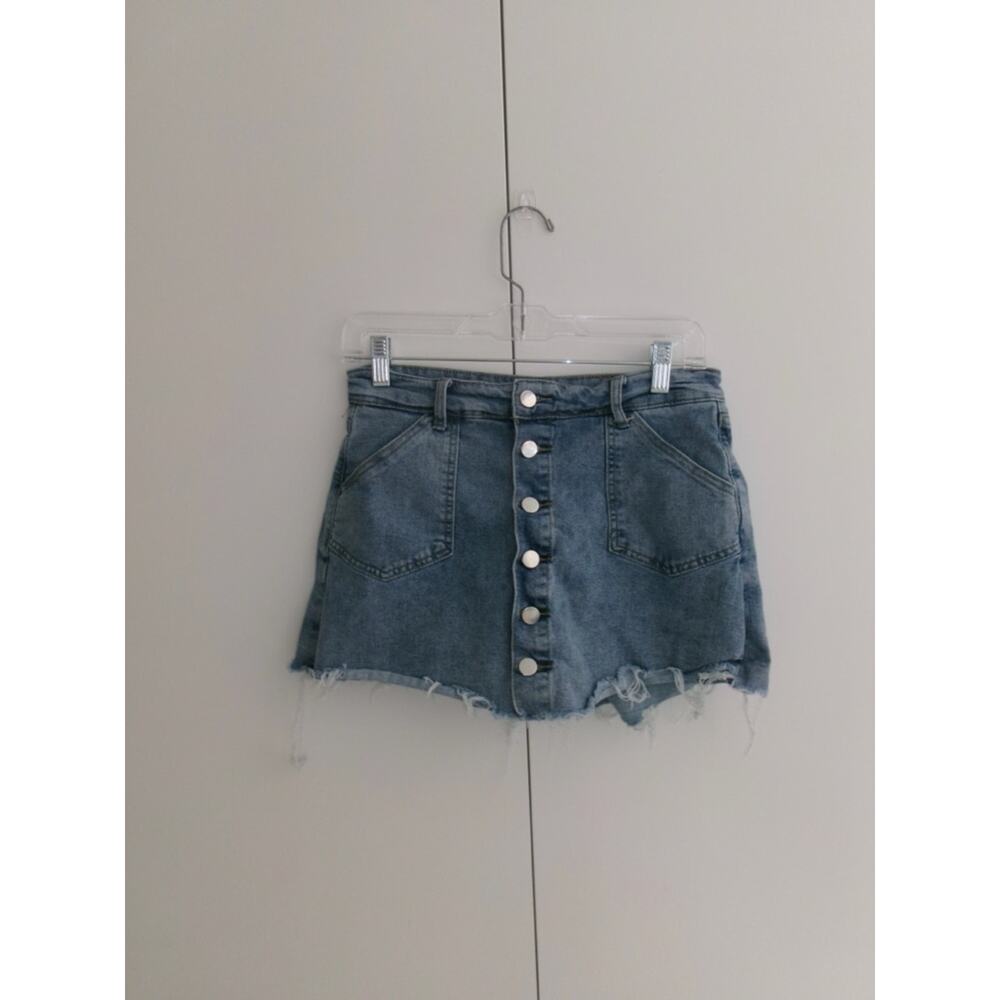 Denim Button-Front Mini Skort in Light Blue
